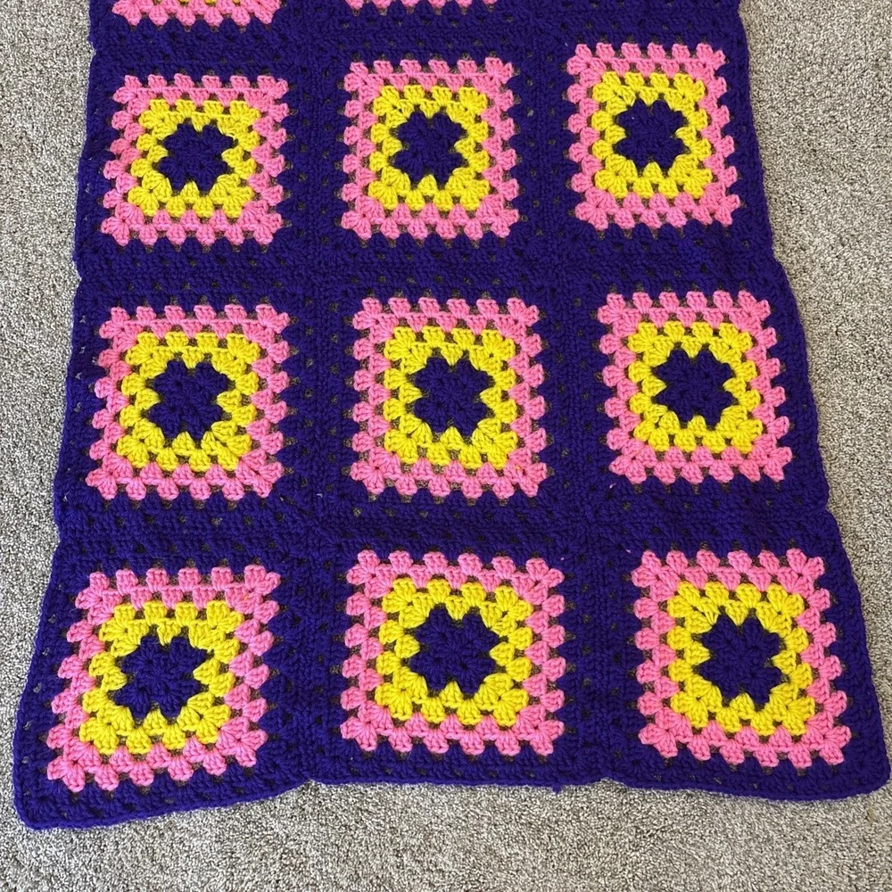 Handmade Crocheted Granny Square Afghan Blanket Purple Pink‎ Yellow 48.5x27.5